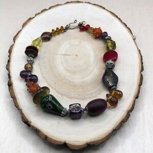 Vintage artisan colorful chunky art glass Murano style boho statement necklace.